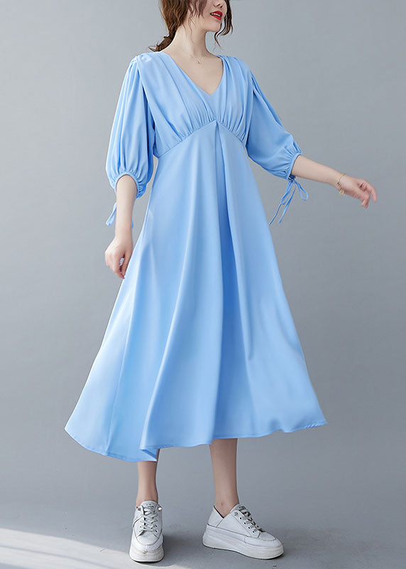 Blue V Neck Wrinkled Chiffon Long Dresses Bracelet Sleeve