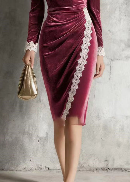 Mulberry O-neck Lace Patchwork Silk Velvet Mid Dress Spring