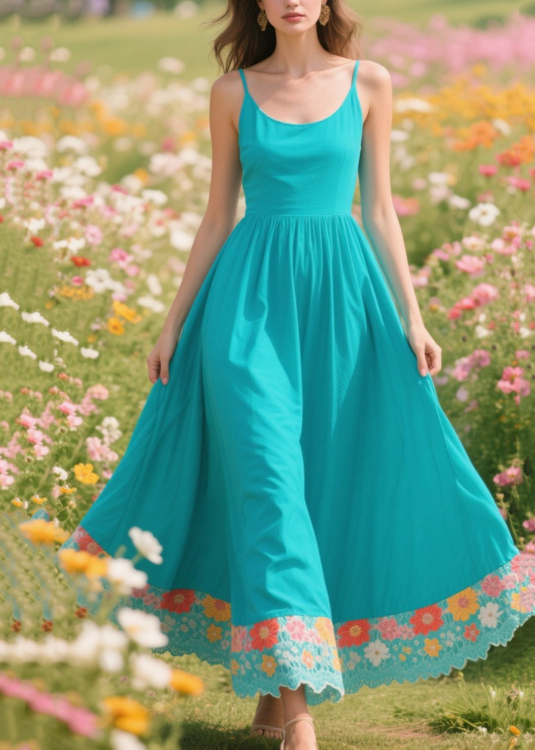 Blue Patchwork Exra Large Hem Cotton Long Dresses Summer
