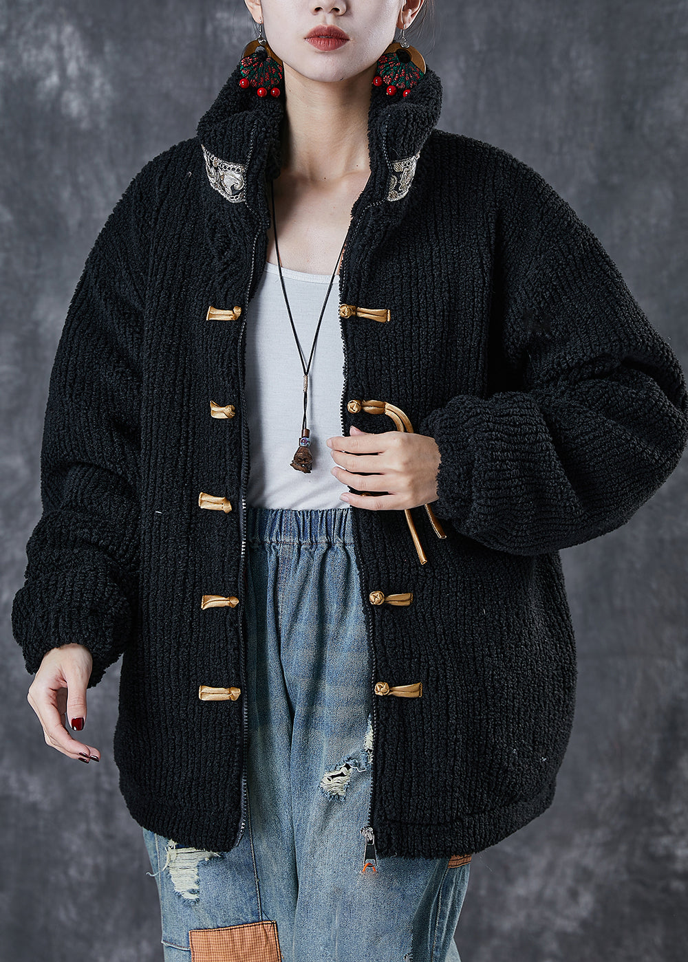 Black Zip Up Patchwork Chinese Button Fine Cotton Filled Jacket Winter