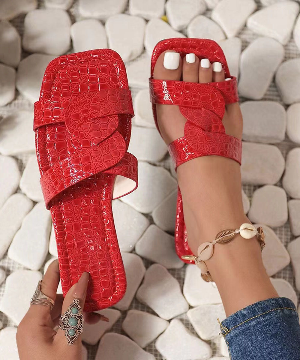 Red Faux Leather Slide Sandals Peep Toe