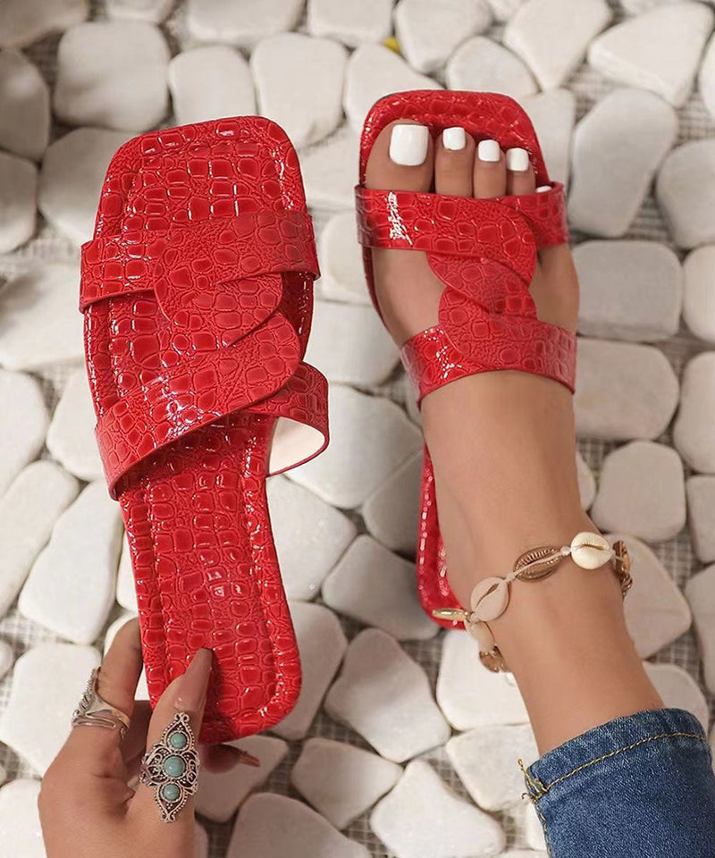 Red Faux Leather Slide Sandals Peep Toe