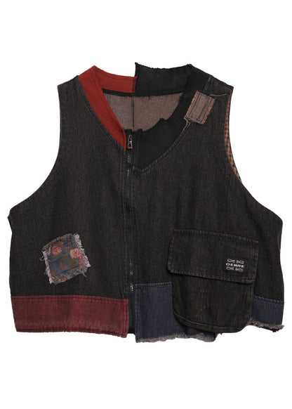 Black O-neck Print Pockets Denim Waistcoat Sleeveless