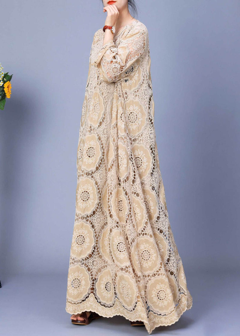 Apricot Hollow Out Lace Patchwork Cotton Long Dress Spring