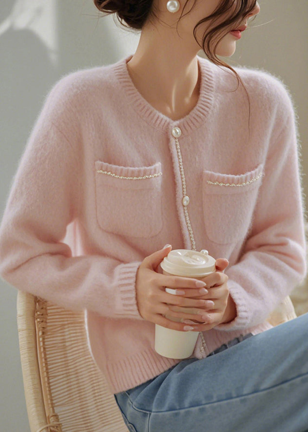 Art Pink O-neck Button Pockets Knit Cardigan Spring