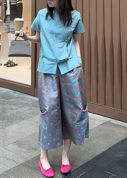 Blue Button Shirts and Crop Pants Two Piece Set Summer
