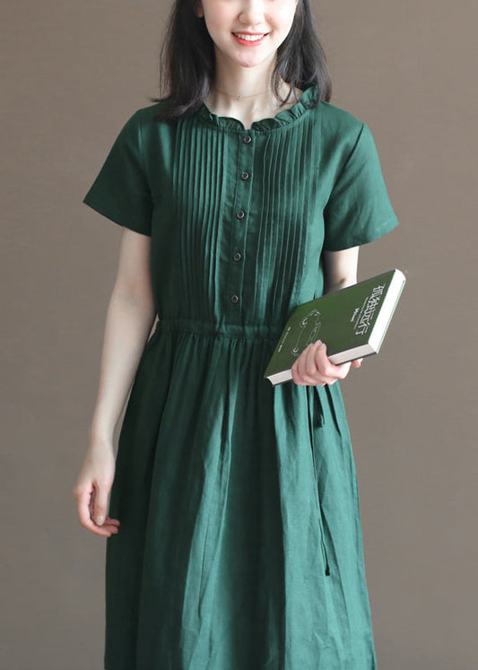 Blackish Green Ruffled Wrinkled Drawstring Cotton Dress Short Sleeve