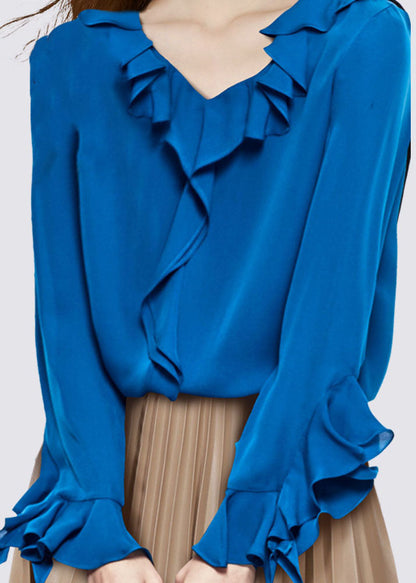 Blue V Neck Ruffled Chiffon Shirt Top Long Sleeve