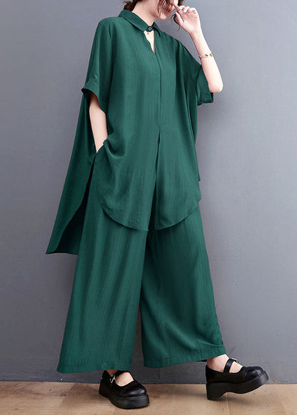 French Green Oversized Side Open Draping Silk Two Piece Set Clothing Summer