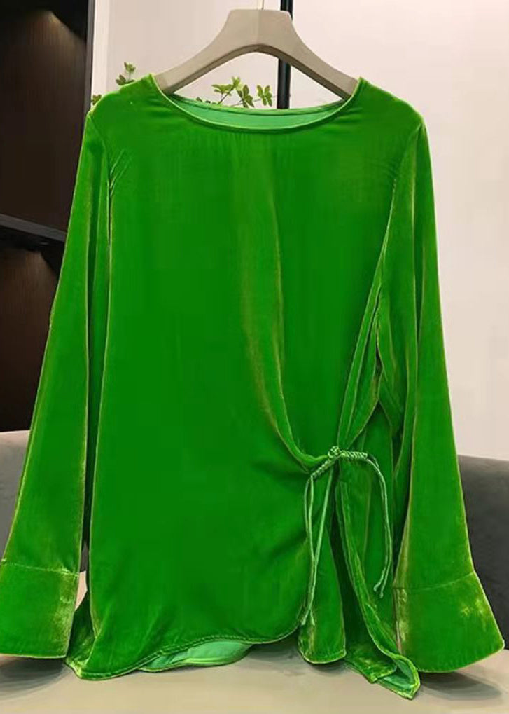 Green O-neck Cinched Velour Tops Long Sleeve