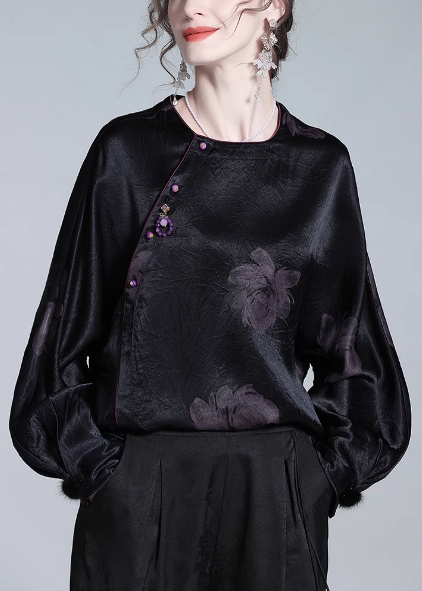 Loose Black O-neck Button Print Silk Blouses Fall