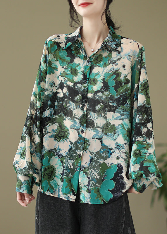 Green Peter Pan Collar Print Cotton Shirt Tops Fall