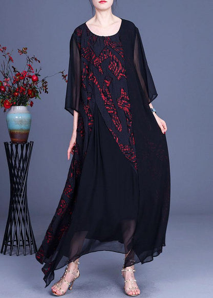 Modern Black Patchwork Asymmetrical Summer Silk Long Dress