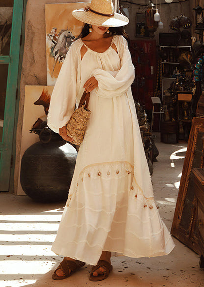 White Tasseled Hollow Out Cotton Holiday Dress Spring