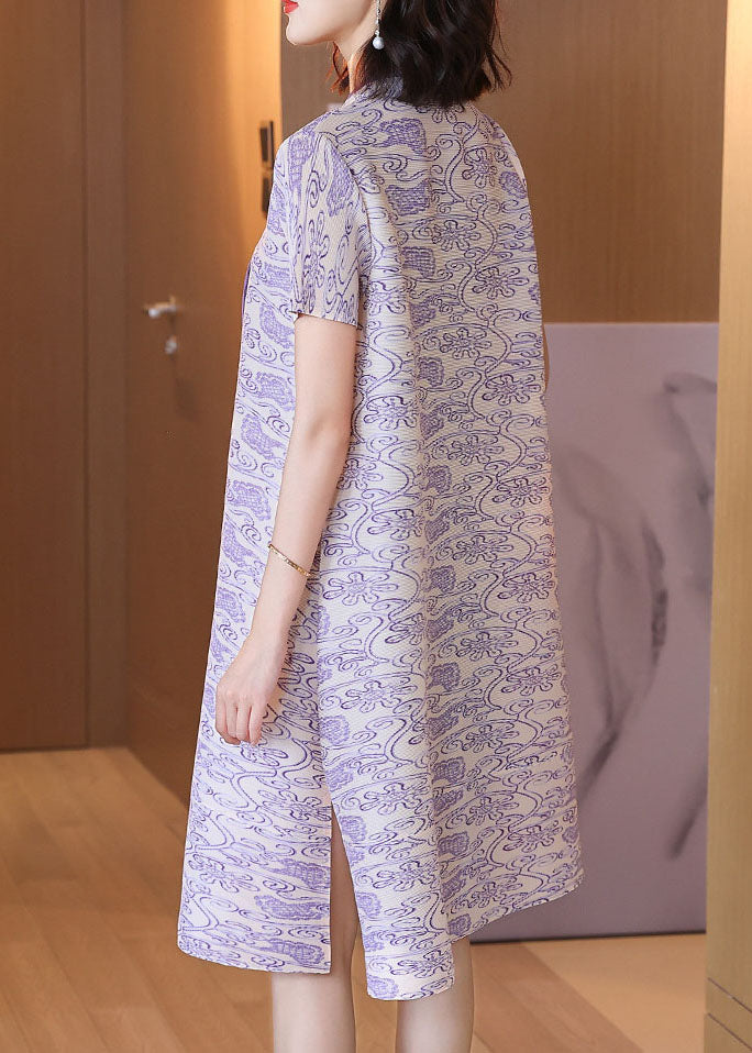 Purple Print Silk Mid Dress Stand Collar Draping Short Sleeve
