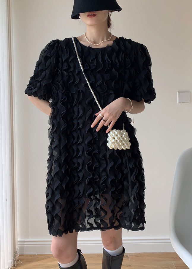 Art Black O-neck Ruffled Patchwork Tulle Mid Dresses Summer