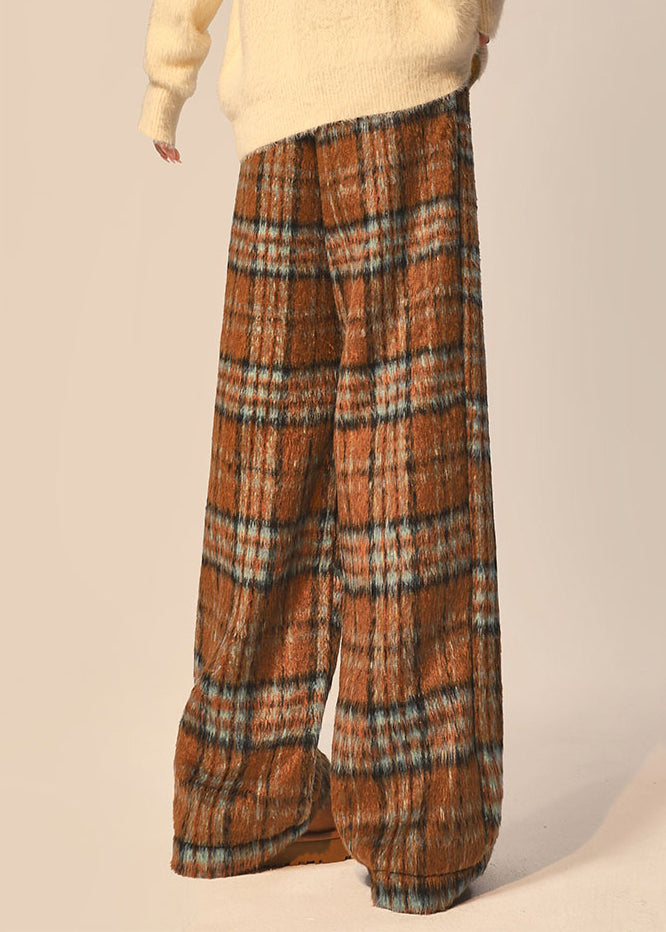 Coffee Plaid Pockets Elastic Waist Cotton Blend Wide Leg Pants Spring