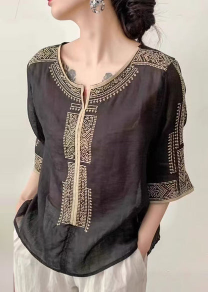 Classy Brown Embroidered Linen Top Half Sleeve