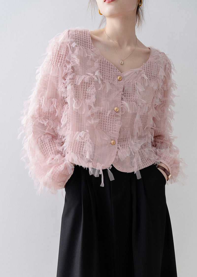 Pink Square Collar Tassel Patchwork Tulle Top Spring