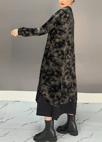 Black O-neck Tie Dye Side Open Silk Velour Maxi Dress Winter
