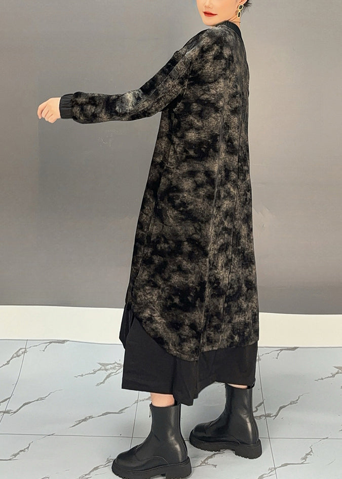 Black O-neck Tie Dye Side Open Silk Velour Maxi Dress Winter
