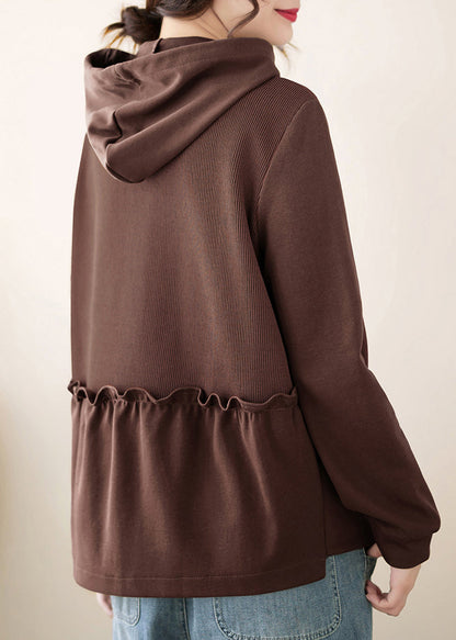 Coffee Asymmetrical Ruffled Patchwork Cotton Hooded Top Fall