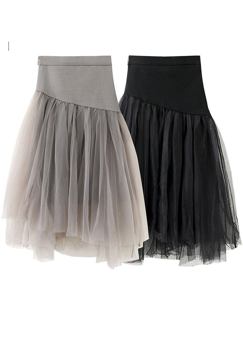 Black High Waist Asymmetrical Patchwork Tulle Skirt Summer