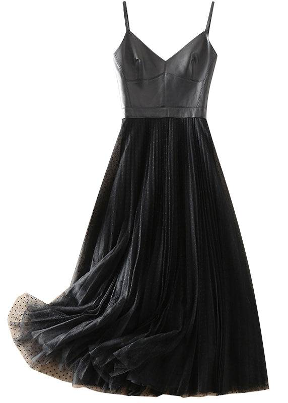 Black V Neck Sheepskin Patchwork Tulle Dress Sleeveless Summer