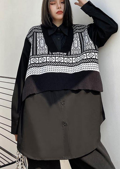 Art Black Clothes for Lapel False Two Pieces Loose Spring Blouse