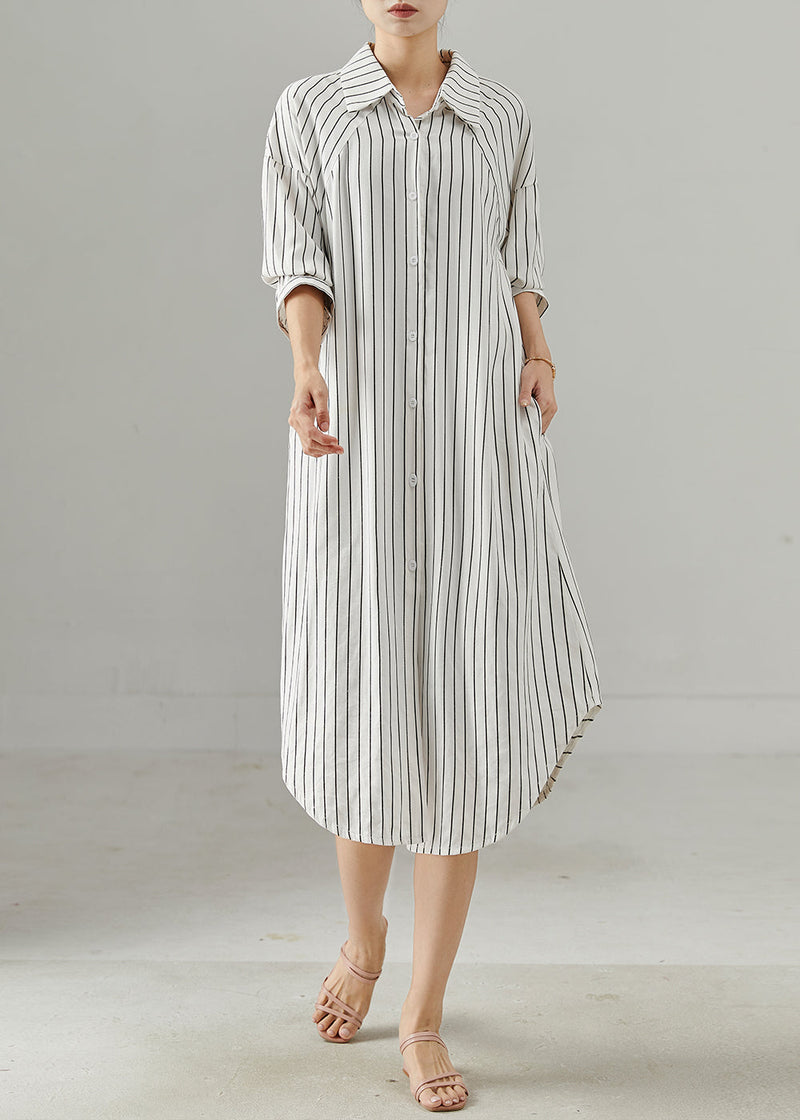 White Peter Pan Collar Striped Cotton Shirt Dresses Fall