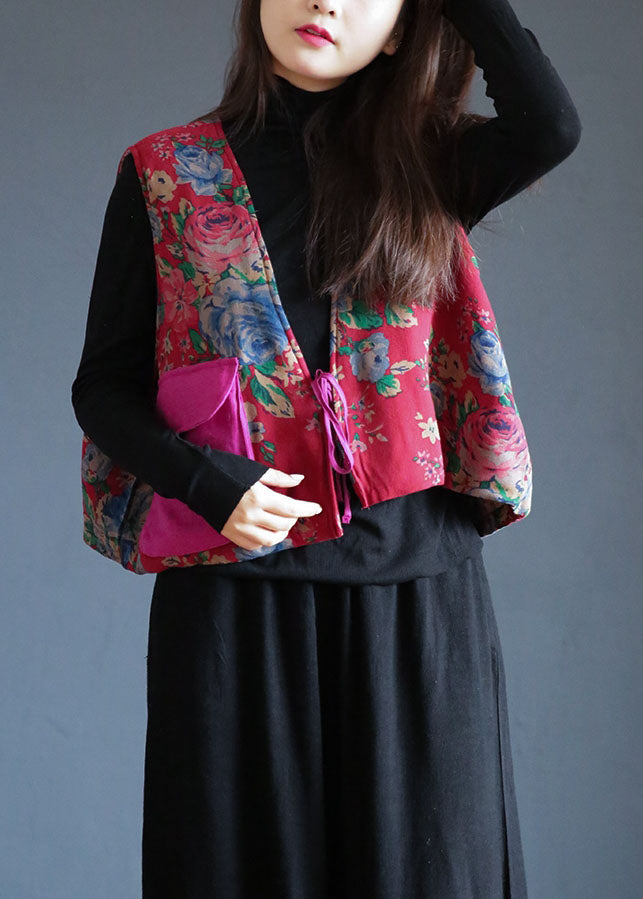 Diy Red Print Oversized Tie Waist Fine Cotton Filled Vest Spring
