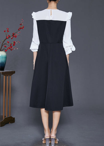 Boutique Black Square Collar Patchwork Cotton Holiday Dress Butterfly Sleeve