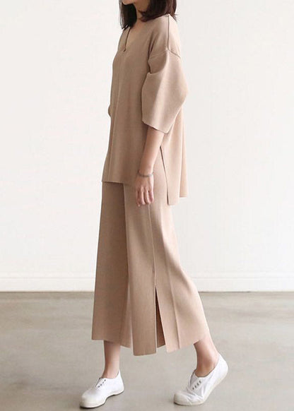 French Apricot V Neck Knit Top and Wide Leg Pants Two Pieces Set Spring