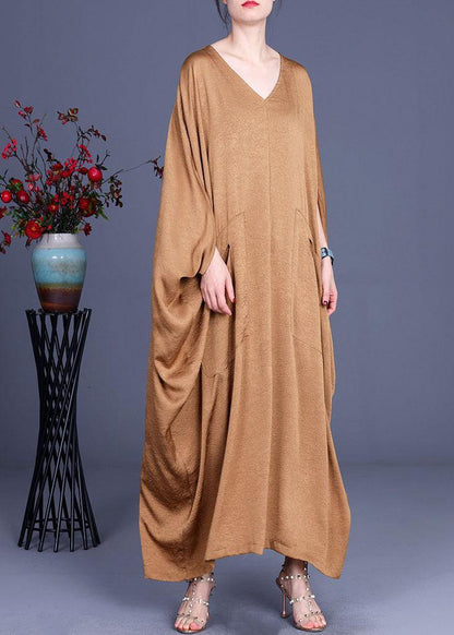 Diy Khaki Asymmetrical V Neck Summer Silk Sundress Bat Wing Sleeve