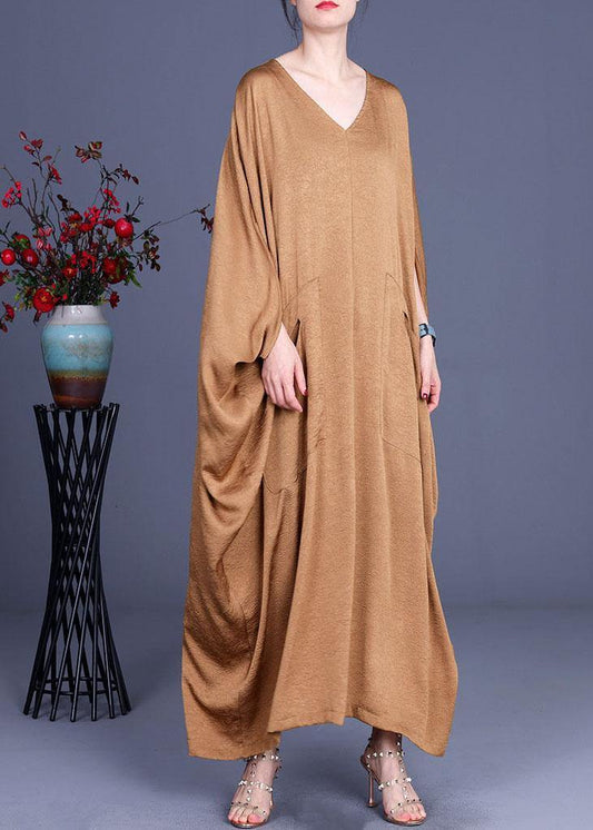 Diy Khaki Asymmetrical V Neck Summer Silk Sundress Bat Wing Sleeve