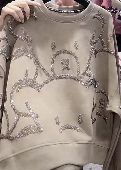 Grey O-neck Sequins Sweatshirt Fall