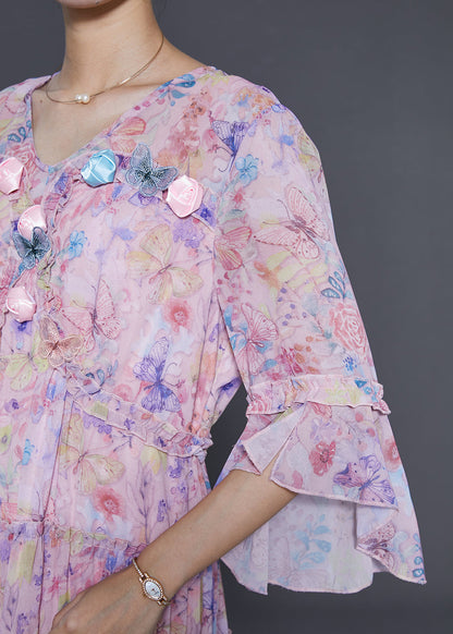 Modern Pink Print Butterfly Chiffon Dress Flare Sleeve
