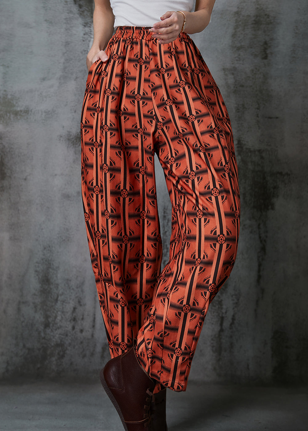 Orange Oversized Print Cotton Pants Summer