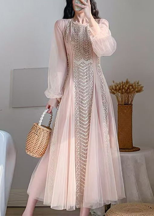 New Pink Mesh Tulle Nail Bead Bubble Sleeve Dress