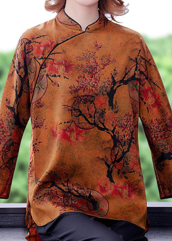 Ginger Stand Collar Side Open Print Silk Blouse Top Spring