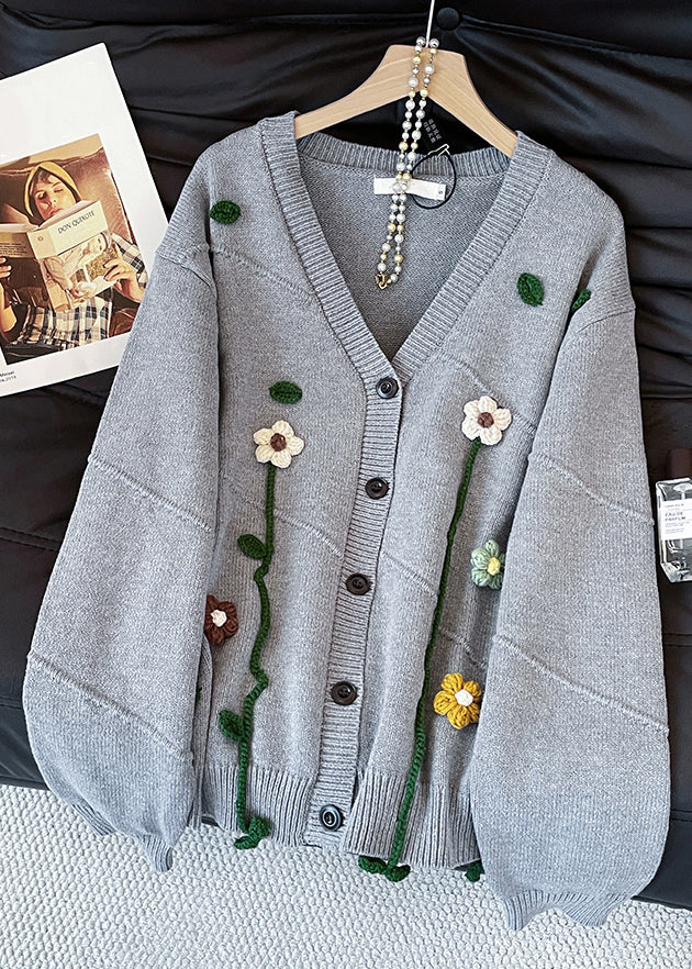 Loose Grey V Neck Button Knit Coats Fall