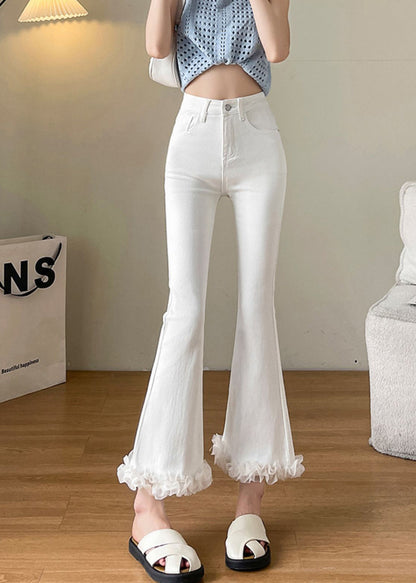White Ruffled Patchwork Denim Flare Bottoms Fall
