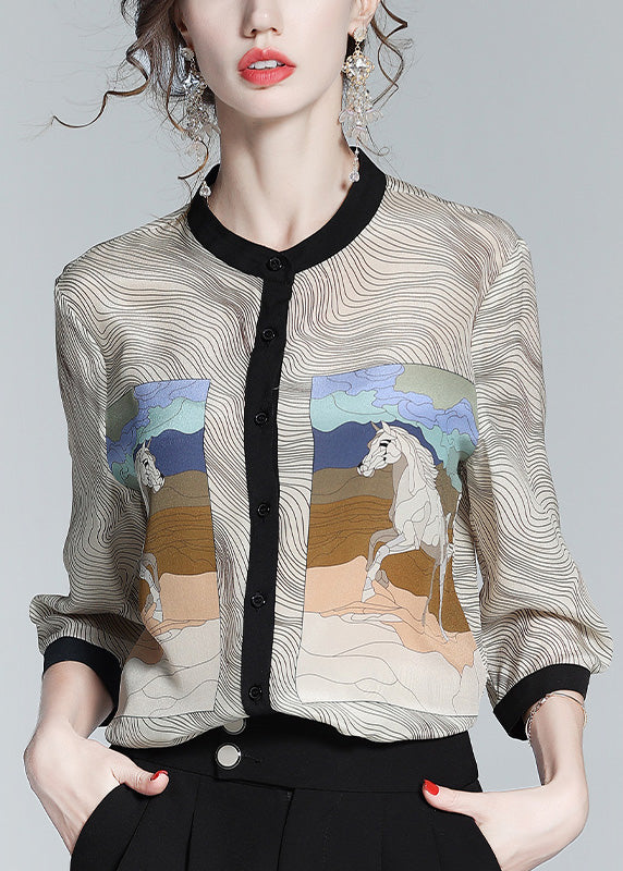 Apricot O-neck Print Button Silk Shirt Long Sleeve