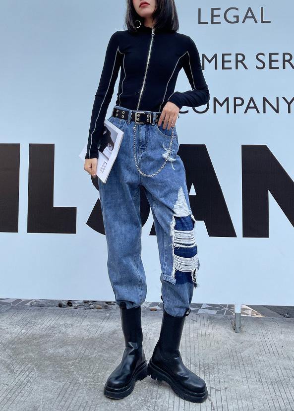 French Blue Cotton Hole Patchwork Jeans Pants