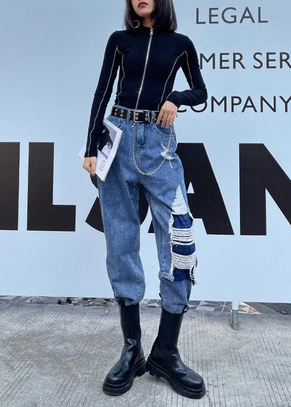 French Blue Cotton Hole Patchwork Jeans Pants