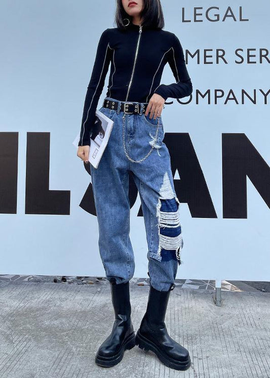 French Blue Cotton Hole Patchwork Jeans Pants