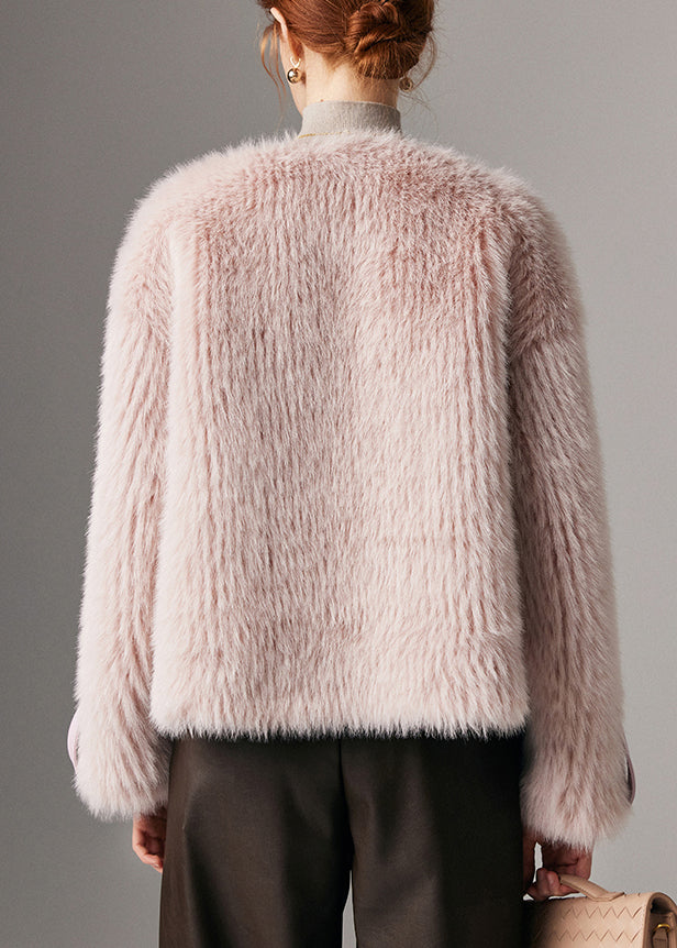 Pink Button Leather and Fur Winter Coat O Neck
