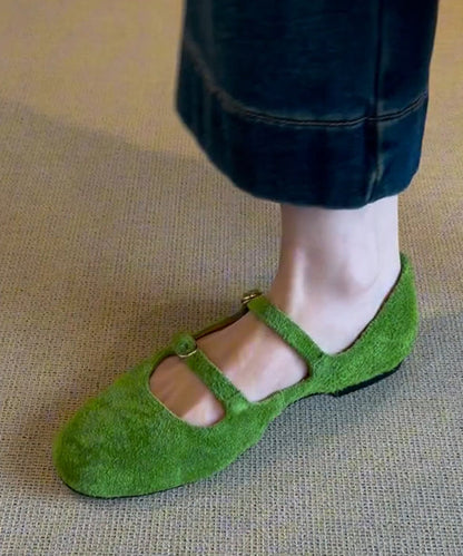 Buckle Strap Splicing Flat Feet Shoes Green Suede