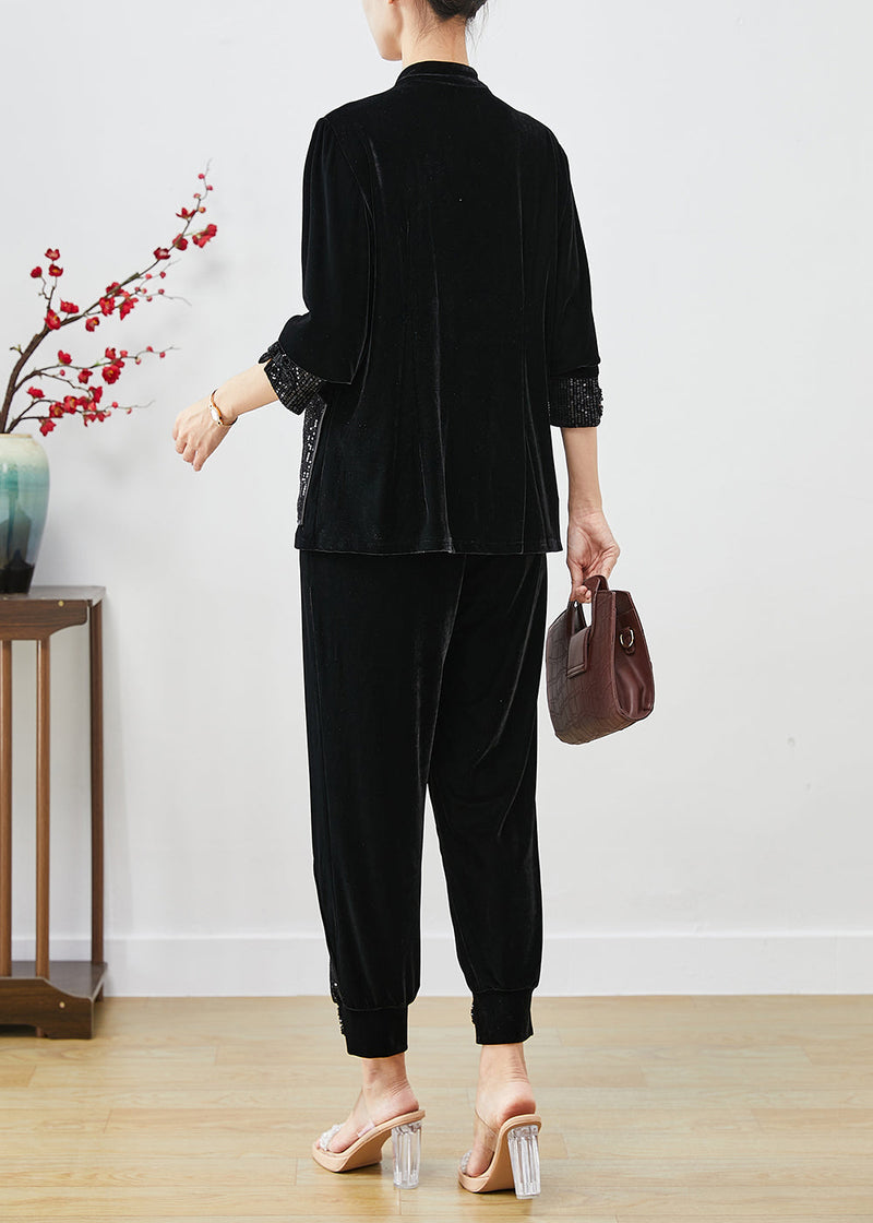 Black Sequins Patchwork Chinese Button Silk Velour Two Pieces Set Fall