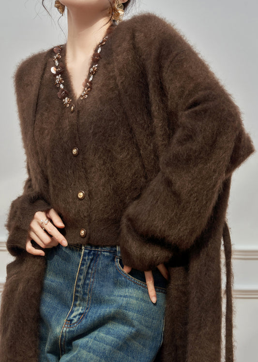 Coffee Sequins Pockets Cardigans and Vest Ma Hai Mao Two Pieces Set Winter